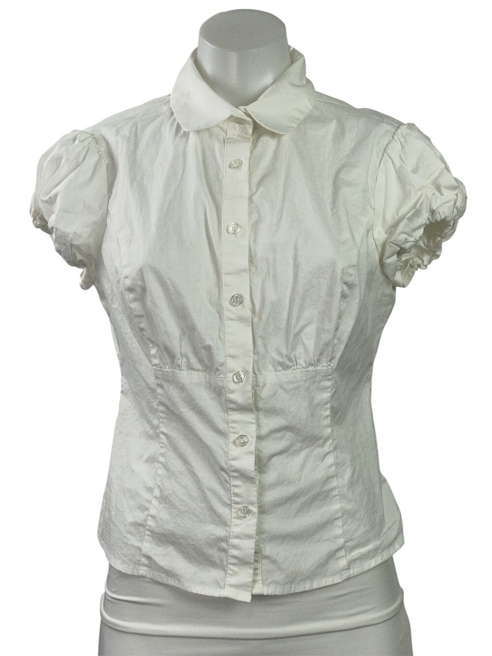 Guizio Womens White Short Puff Sleeve Collared Button Down Shirt Blouse Top Sz M